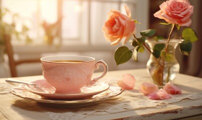 A cup of coffee on a wooden table with a bouquet of roses in the background