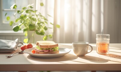 Breakfast with sandwich, coffee and juice on table in morning light