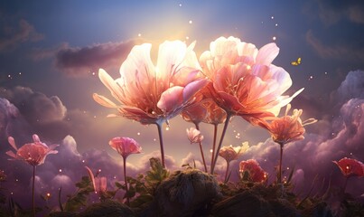 Beautiful pink peony flowers with butterfly on sky background, soft focus
