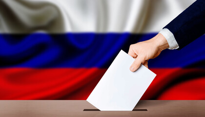 Presidential elections of the Russian Federation. Hand holding ballot in the ballot box with Russia...