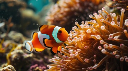 Fototapeta na wymiar an orange and white clownfish in a coral reef with anemonic sea anemone in the foreground and anemonic sea anemone in the background.