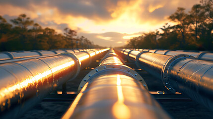 Uma visão panorâmica da construção de oleodutos e gasodutos destacando a extensa rede e infraestrutura envolvidas no transporte de energia - obrazy, fototapety, plakaty