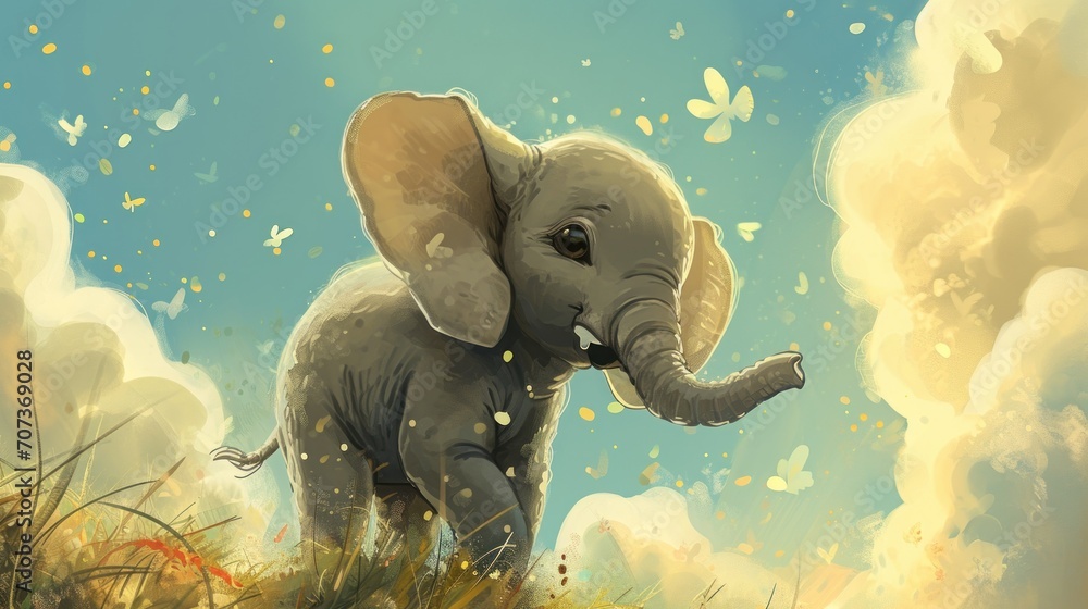 Poster a painting of an elephant in a field with a butterfly in it's trunk and a blue sky in the background