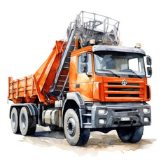 Watercolor Kamaz with a manipulator isolated on a white background 