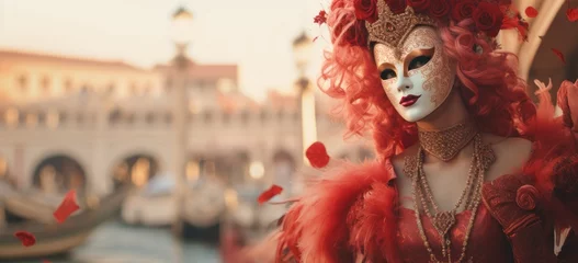 Fotobehang Venetian woman in elaborate mask and costume at Carnival. Cultural tradition and festival. Banner. © Postproduction