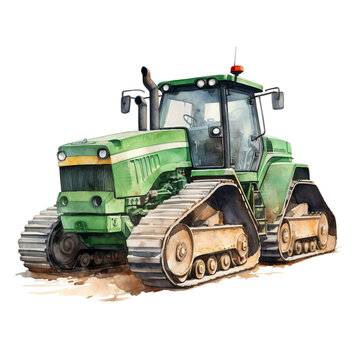 Watercolor tracked tractor isolated on a white background