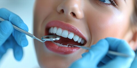 A Close-Up of a Woman with Wide-Open Teeth Undergoing Examination Using a Dentist's Mirror Tool during a Dental Checkup, Generative AI
