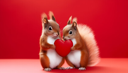 Fototapeta na wymiar Cute red squirrel couple holding a red heart on red background, funny animals for Valentine's Day card