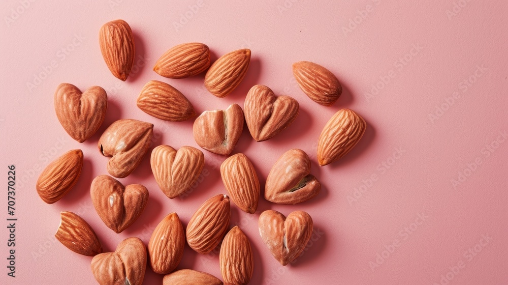 Poster a pile of almonds sitting on top of a pink surface next to a pair of scissors on top of a pink surfa