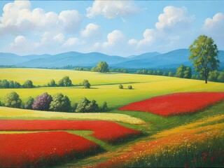 Tranquil landscape. Scenic nature view with blooming field of red flowers.