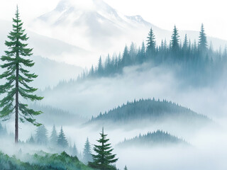 Watercolor painting with spruce trees in morning mist.