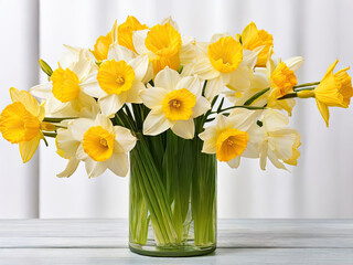Yellow Narcissus bouquet in a vase. Beautiful jonquil flowers. Daffodils close up.