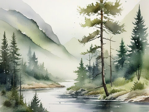 Watercolor landscape background with mountains and pine trees in neutral colors. Beautiful scenic nature view art illustration.