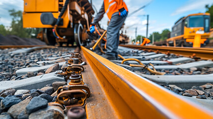 Uma fotografia capturando trabalhadores realizando manutenção em trilhos de trem e infraestrutura simbolizando a constante manutenção das redes de transporte - obrazy, fototapety, plakaty
