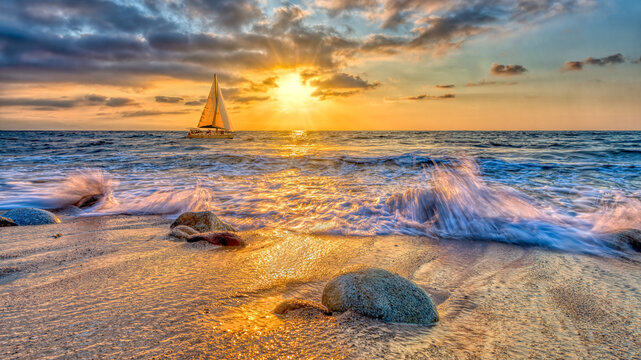 Ocean Sunset Beach Sail Boat Vacation Ad Inspirational Surreal Sunburst Scenic