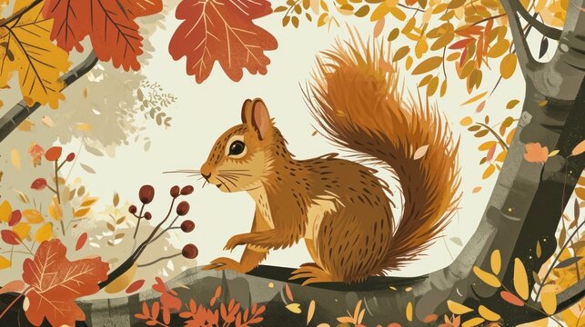  a painting of a squirrel sitting on a tree branch in a forest with autumn leaves and acorns on the ground and a white background with yellow, red, yellow, orange, yellow, black leaves.