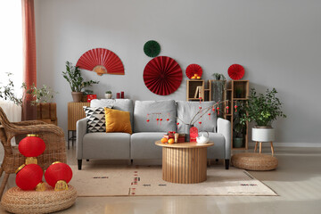Interior of festive living room decorated for Chinese New Year celebration