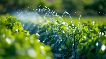 Uma fotografia de um sistema de irrigação agrícola em ação mostrando o uso eficiente de recursos hídricos nas práticas modernas de agricultura - obrazy, fototapety, plakaty
