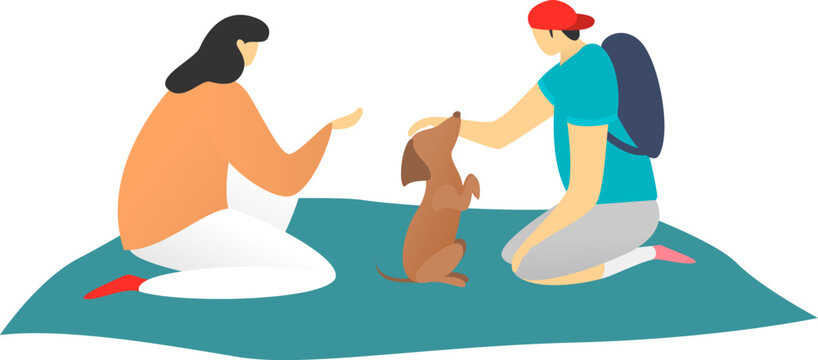 Two women kneeling and playing with a brown dog on a blue rug. Casual attire, one with a backpack, pet interaction, friendly atmosphere. Dog training and leisure time vector illustration.