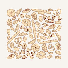 Set of bread and bakery products in doodle style. Cartoon collection of pastry in brown colours. Illustration for pattern, card, fabric or wrapping paper