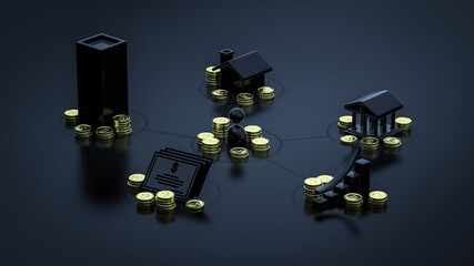 Investment variation portfolio. Avatar distributing money on various types of investment. 3d rendering.