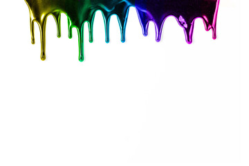 Colourful rainbow, metallic paint dripping on white background, copy space