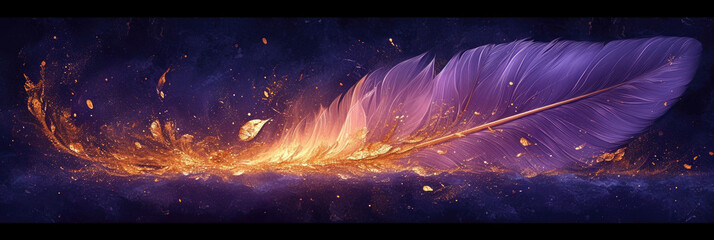 A purple feather that has been blown by fire, panoramic banner, header or footer. - obrazy, fototapety, plakaty