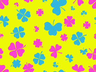Seamless pattern with clovers for St. Patrick's Day. Multi-colored four-leaf and three-leaf clover leaves. Background for printing on paper, advertising materials and fabric. Vector illustration
