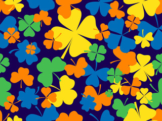 Seamless pattern with clovers for St. Patrick's Day. Multi-colored four-leaf and three-leaf clover leaves. Background for printing on paper, advertising materials and fabric. Vector illustration