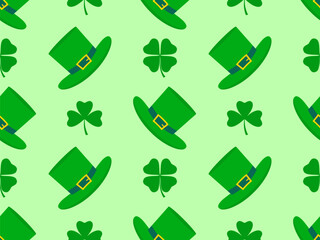 Seamless pattern with clover leaves and Leprechaun hat. Happy St. Patrick's Day. Four-leaf and three-leaf clovers are green. Background for wallpaper and banner. Vector illustration