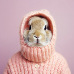 Fashion bunny in knitted hooded cardigan, pastel pink color
