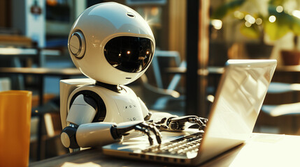 Fototapeta premium An Ai Robot using a laptop to learn, assist, or steal concept. 