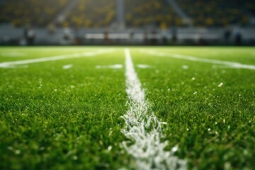 American football field, green grass with white field lines. Close-up photo