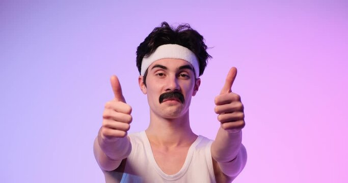 In a nod to the 80s, a mustached Caucasian man confidently presents a thumbs up gesture, creating a portrait of retro coolness against a vibrant purple background. - Powered by Adobe
