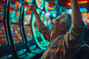 Grandfather is very happy that he won a huge amount of money in the casino, slot machines in the background