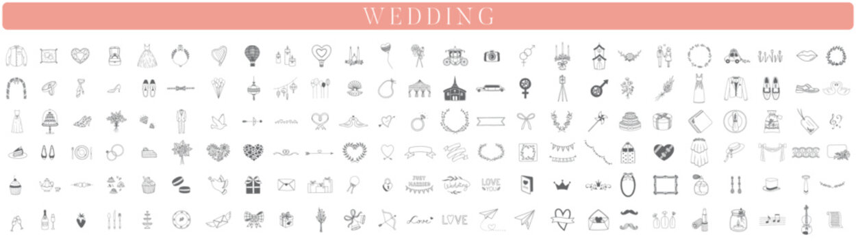 Big wedding collection, wedding illustrations, collection, bride, groom, greetings, design elements