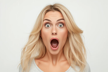 Woman expresses surprise and shock with mouth open and eyes wide open - obrazy, fototapety, plakaty