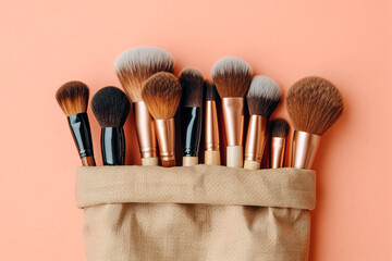 Top view of set of assorted soft brushes for makeup application placed in paper bag on peach coral beige background. Flat lay style. Cosmetic banner with copy space. Wooden handles and natural bristle