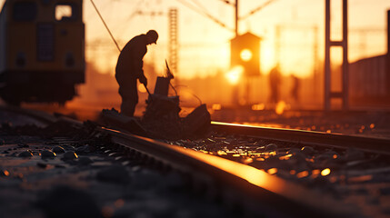 Um instantâneo de trabalhadores realizando manutenção e reparo em trilhos e infraestruturas ferroviárias enfatizando a contínua manutenção das redes de transporte - obrazy, fototapety, plakaty