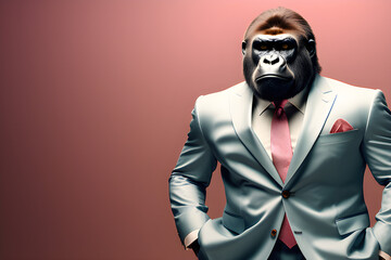 Commercial and editorial ads featuring realistic gorillas in luxurious suits and shirts, surrealism generative ai
