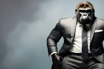 Commercial and editorial ads featuring realistic gorillas in luxurious suits and shirts, surrealism generative ai
