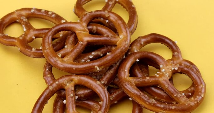 Close-up of tasty pretzels in rotating motion. 