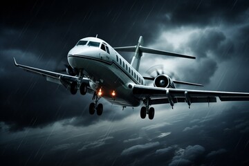 Naklejka premium Commercial Airliner Flying Through Stormy Weather and Rainy Clouds in Thunderstorm Conditions