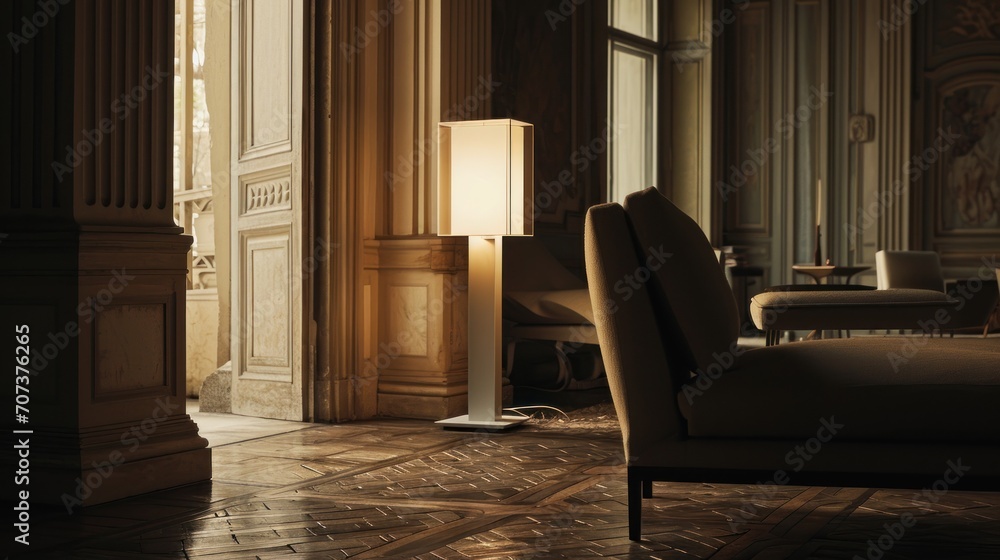 Poster a chair sitting in a room with a lamp on the side of the chair in front of the chair is a couch and 