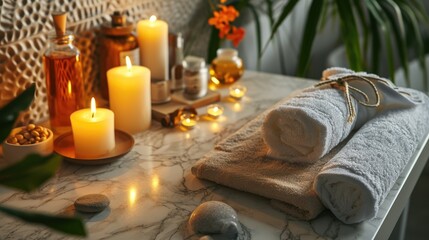 Fototapeta na wymiar Serene Relaxation Haven. Empty background with a massage table adorned with towels, candles, and aromatherapy oils. Copy space for text. Spa retreat, wellness 