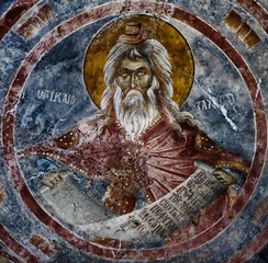 Some precious Byzantine frescoes located in the churches of the archaeological site of Mystras in...