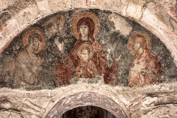 Some precious Byzantine frescoes located in the churches of the archaeological site of Mystras in...
