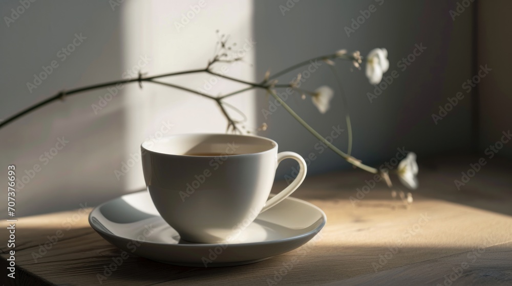 Poster  a cup of coffee sits on a saucer on a table next to a branch of a twig and a vase with flowers in the corner of the room.