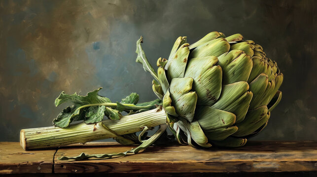  a painting of a bunch of artichokes on top of a wooden table next to a leafy stalk of artichoke on a piece of wood.