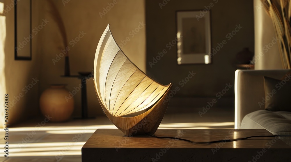 Poster a table with a lamp on top of it in a room with a couch and a table with a lamp on top of it in the 